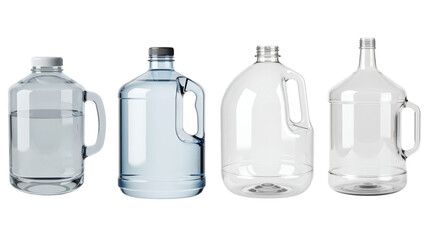 Four transparent water jugs with integrated handles, varying in shape and containing clear or slightly blue liquid, isolated on black