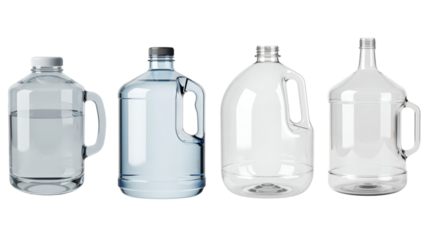 Four transparent water jugs with integrated handles, varying in shape and containing clear or slightly blue liquid, isolated on black
