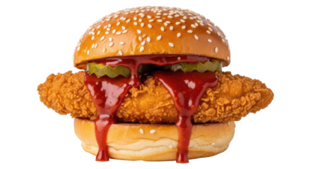 Crispy fried chicken sandwich with pickles and dripping barbecue sauce on a sesame seed bun burger