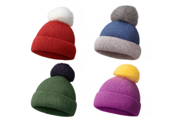 Colorful knitted beanies with pompom isolated, showing winter fashion accessories and cozy headwear for cold weather
