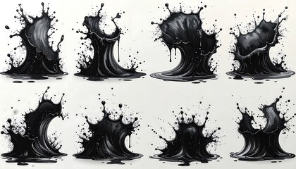 Series of eight dynamic monochrome splashes, detailed ink artwork on white background