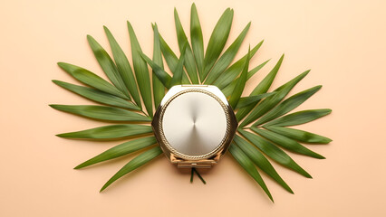 Elegant golden compact mirror surrounded by vibrant green palm leaves on soft background