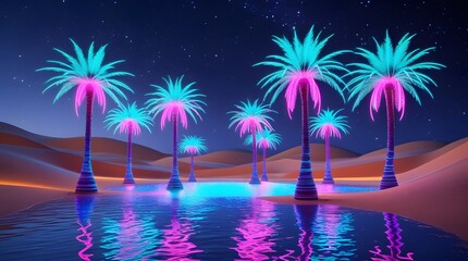 Vibrant Neon Glow of a Futuristic Desert Oasis Under a Starry Night Sky