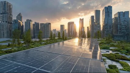 Solar panels on green roof with modern city skyline at sunset - Powered by Adobe
