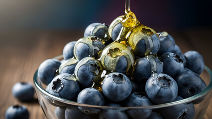Fresh blueberries drizzled with golden honey in a glass bowl on a wooden surface