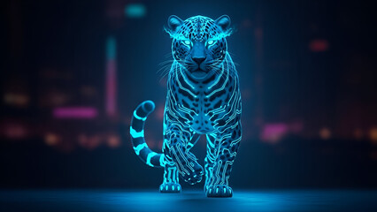 Futuristic jaguar with neon circuit patterns prowling in a vibrant cityscape backdrop