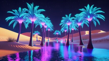 Cyberpunk Digital Oasis with Glowing Neon Palm Trees in a Golden Desert