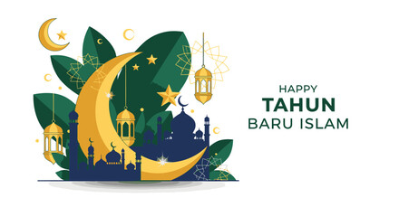Happy Islamic New Year illustration with crescent moon mosque silhouette and festive lanterns.