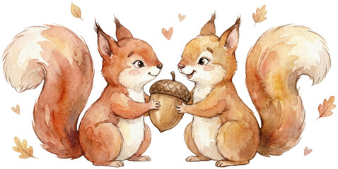 Two Small Squirrels Sharing an Acorn in Soft Watercolor Illustration
