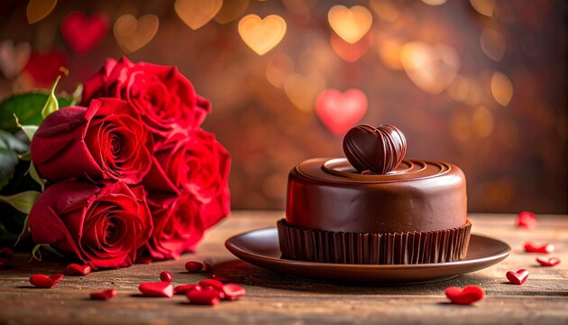 Gourmet dark chocolate bars with red roses and falling petals for romantic gift. - Powered by Adobe