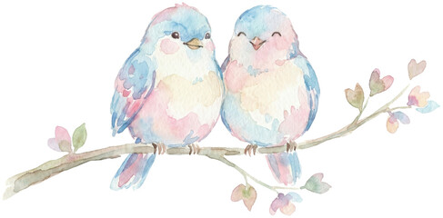 Cute Watercolor Illustration of Two Little Birds on Branch
