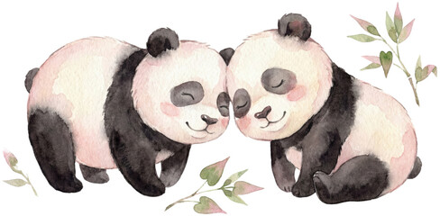 Affectionate Baby Pandas in Soft Watercolor Illustration
