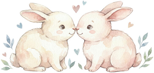 Adorable Watercolor Illustration of Two Baby Rabbits Together