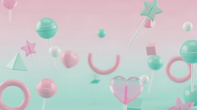 Pastel Colored Lollipops and Shapes Floating.