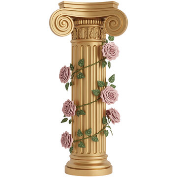 Golden ionic column with roses, isolated on transparent background isolated on transparent background