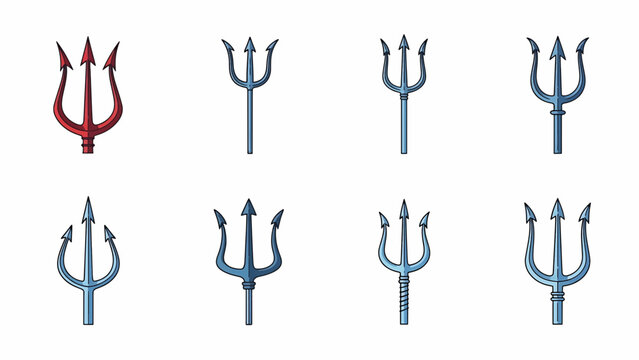 Eight stylized trident illustrations, rendered with line art and color fills. Designs vary in size and detailing, set against a white background