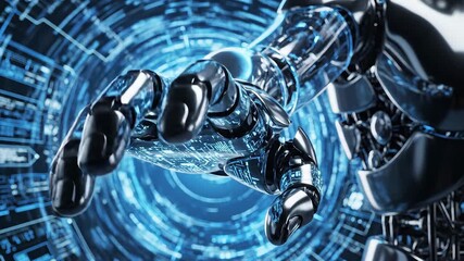 A powerful chrome robotic hand extends forward into a mesmerizing blue digital tunnel symbolizing advanced artificial intelligence future technology and the intricate connections within the vast digi. - Powered by Adobe