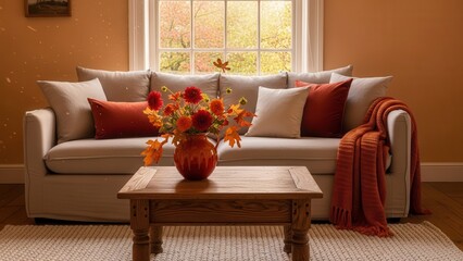 Warm and inviting autumnal living room scene featuring a comfortable, slipcovered beige sofa adorned with soft grey and burnt orange pillows, complemented by a vibrant bouquet of fall flowers in a