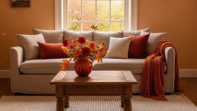Warm and inviting autumnal living room scene featuring a comfortable, slipcovered beige sofa adorned with soft grey and burnt orange pillows, complemented by a vibrant bouquet of fall flowers in a