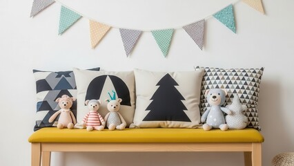 Cozy and inviting arrangement of adorable knitted and plush teddy bears sitting attentively on a vibrant mustard yellow bench adorned with geometrically patterned and nature-inspired cushions,