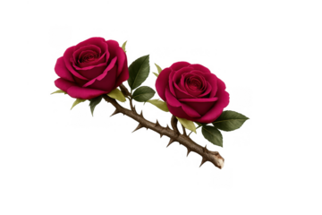 Two deep red roses with green leaves growing on a thorny branch, symbolizing love, passion, and protection with a transparent background