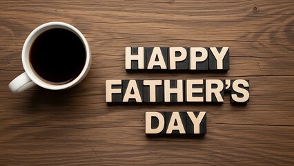 Happy fathers day message with coffee cup on wooden table, top view
