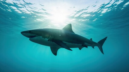 Fototapeta premium Majestic Shark Swimming in Clear Ocean Water - Underwater Marine Life Photography