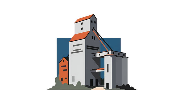 An industrial illustration showcasing a grain elevator with a multi-layered structure, red roof, orange and grey palette. It's set against a blue background