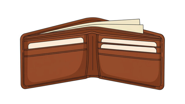 An illustration depicts an open, brown leather wallet from a top-down perspective, with visible money and card slots, on a white background
