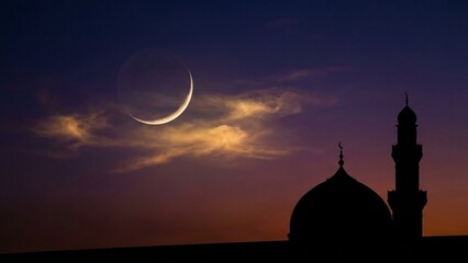 Crescent Moon Rising Above Mosque Silhouette at Night