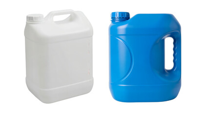 Two plastic containers in white and blue with handles and screw caps, isolated against a transparent background