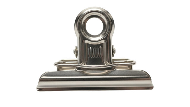 Silver metal bulldog clip with loop and black background steel