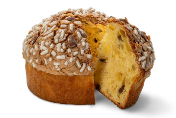 Panettone Christmas cake covered with sugar icing and almonds. Whole panettone cake with slice isolated
