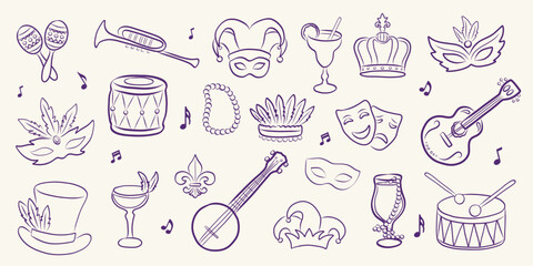 Mardi Gras doodle icons with carnival masks, music instruments, beads and festive party elements. Hand drawn clipart for stickers, greeting cards, wrapping. © Huma Fida