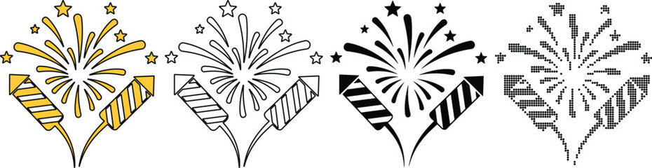 Set of four stylized firework and firecracker icons in gold, outline, solid black, and stencil styles © AMJAD