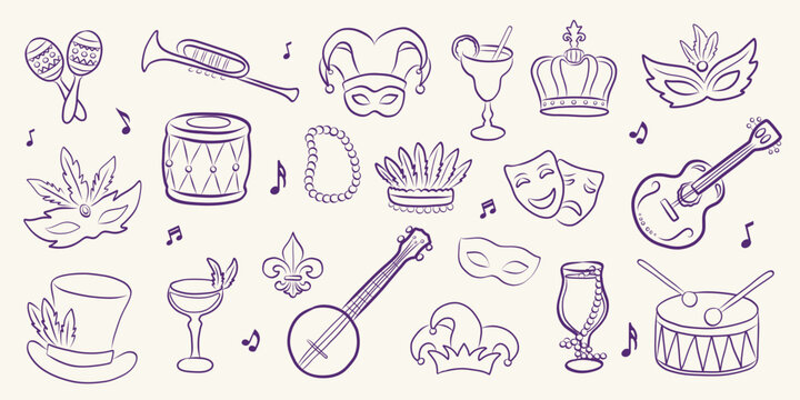 Mardi Gras doodle icons with carnival masks, music instruments, beads and festive party elements. Hand drawn clipart for stickers, greeting cards, wrapping.
