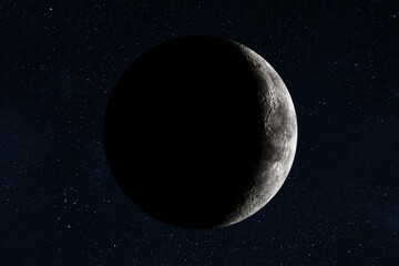 Thin waning crescent moon glowing against a dark starry background. Sharp detail of the lit lunar edge and crater textures. Elegant celestial composition for night sky concepts