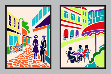 1960s European caf&eacute; street scene, simplified illustration, retro color grading, film grain texture, stylish vintage travel poster look