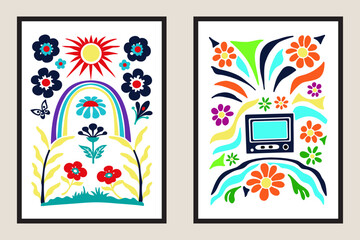 70s boho floral wall art with oversized petals, curved shapes, warm sunset colors, retro screen-print style.