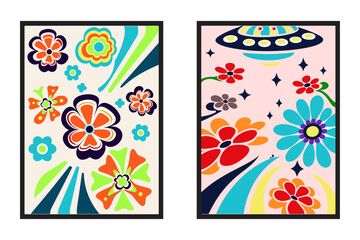 1970s retro floral poster with abstract blossoms, earthy browns, oranges, and cream colors, classic wall art composition