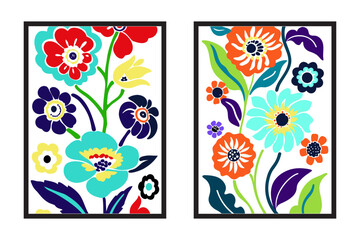 1960s-inspired floral wall art with large blooming flowers, soft pastel colors, minimal composition, vintage poster look.