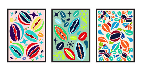 Abstract coffee bean composition, 1960s graphic design style, organic shapes, bold flat colors, retro typography accents, vintage poster look