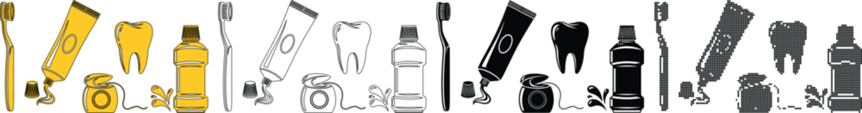 Set of dental hygiene icons toothbrush, toothpaste, mouthwash, and teeth in various styles