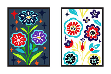 Mid-century floral wall art with geometric flower shapes, clean lines, muted retro palette, minimalist vintage style