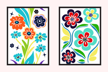 Mid-century modern floral poster featuring abstract flowers, muted orange, olive green, and mustard tones, flat retro design