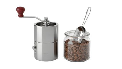Coffee Grinder with Glass Jar of Beans and Scoop Spoon Isolated on Transparent Background PNG