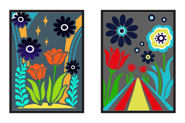 Retro 1970s floral wall art poster with bold daisies and tulips, warm earthy color palette, grainy texture, vintage print style.