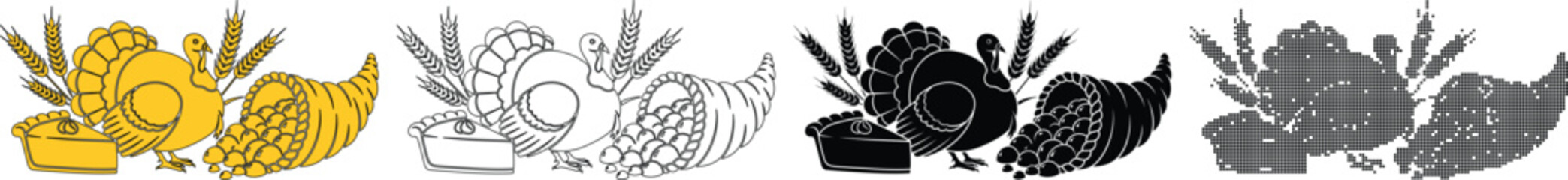 Set of four stylized illustrations of a cluster of grapes or berries with leaves, in different artistic styles color, outline, solid black, and textured © AMJAD