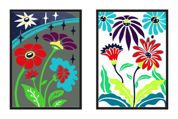 Retro botanical poster with stylized wildflowers, faded colors, textured paper background, classic vintage illustration