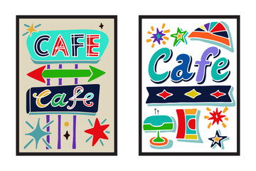 Retro caf&eacute; signage illustration, 1960s advertising style, hand-drawn lettering, starbursts and arrows, faded paper texture, classic diner vibe